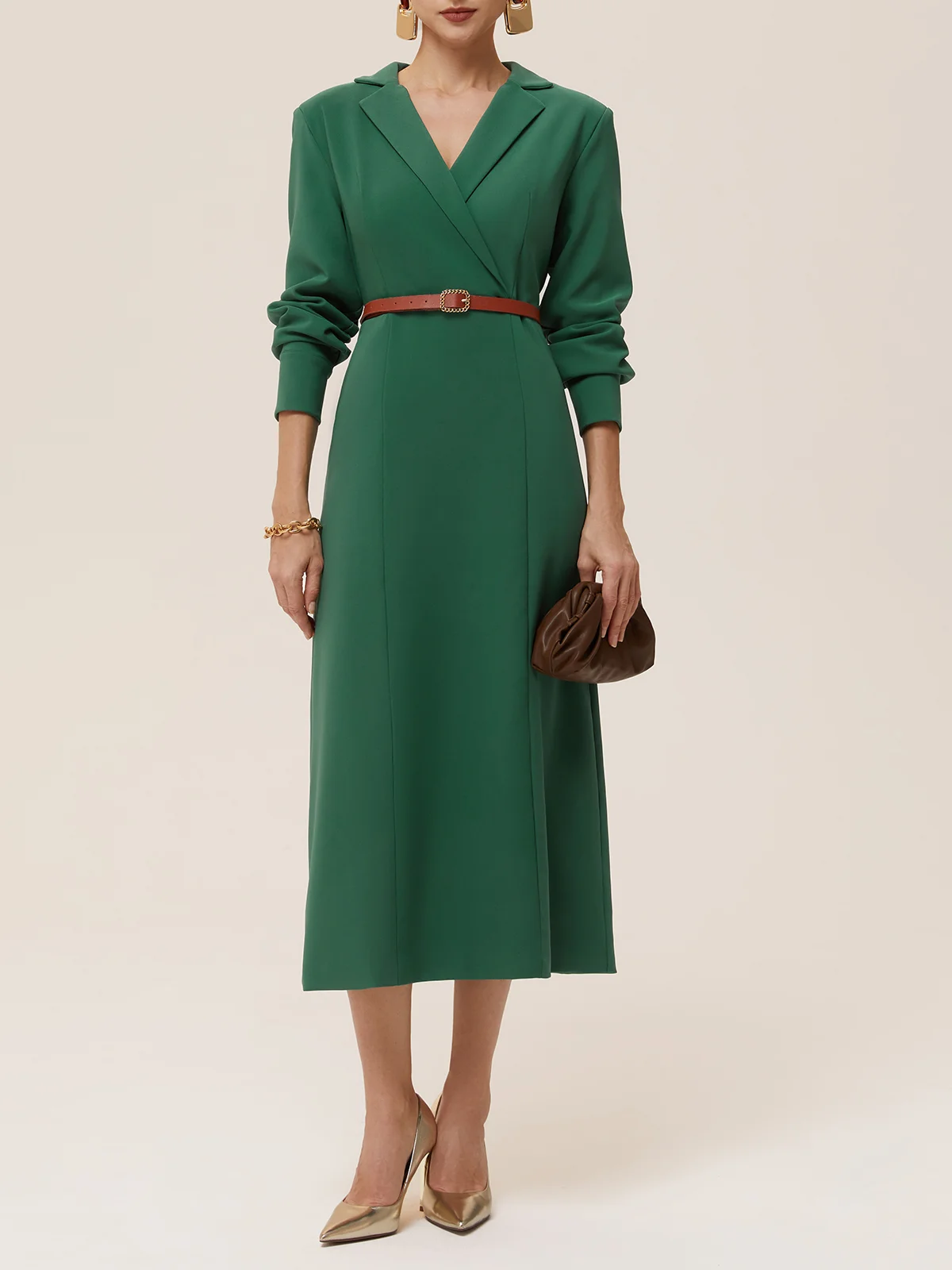 Green Blazer Lapel Collar Long Sleeve Sheath Midi Dress