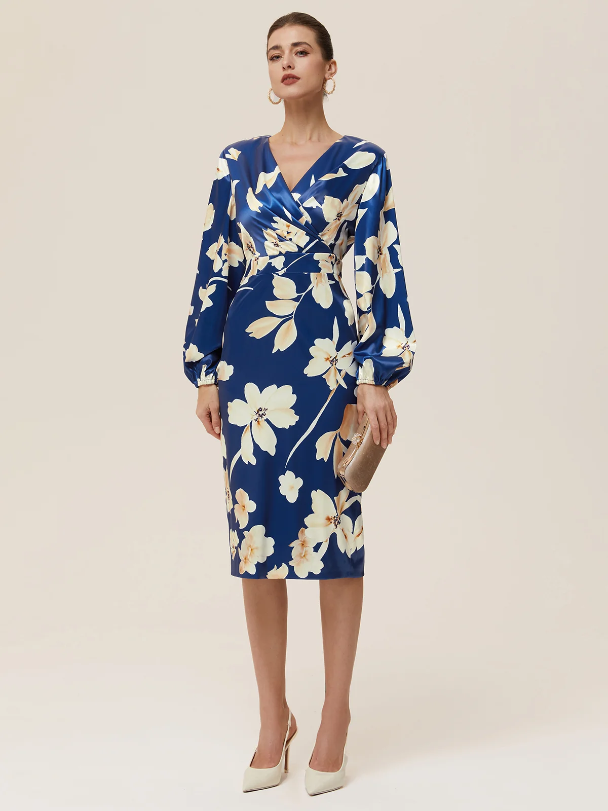 Blue Ruched Floral Balloon Sleeve Sheath Midi Satin Dress