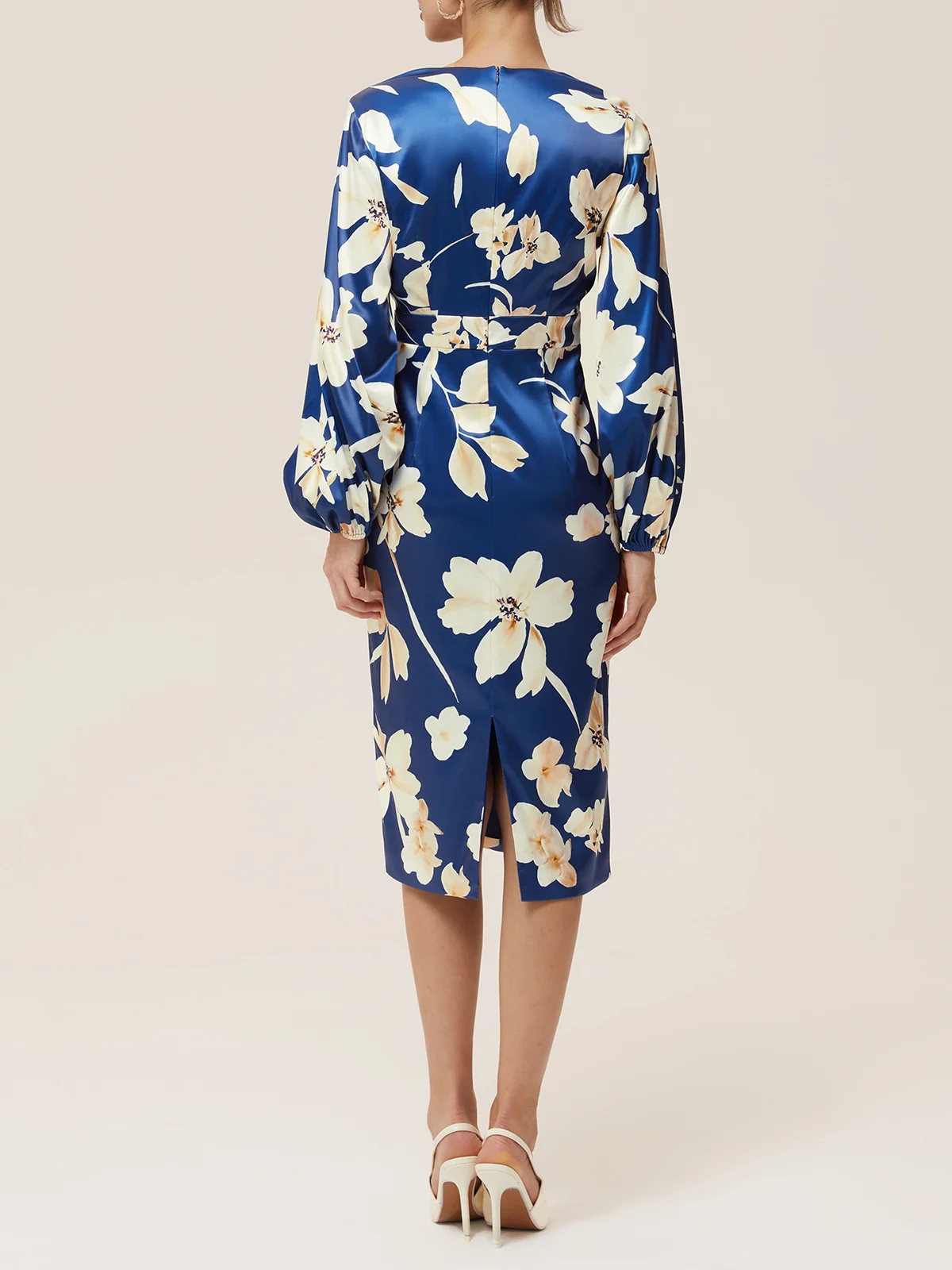 Blue Ruched Floral Balloon Sleeve Sheath Midi Satin Dress