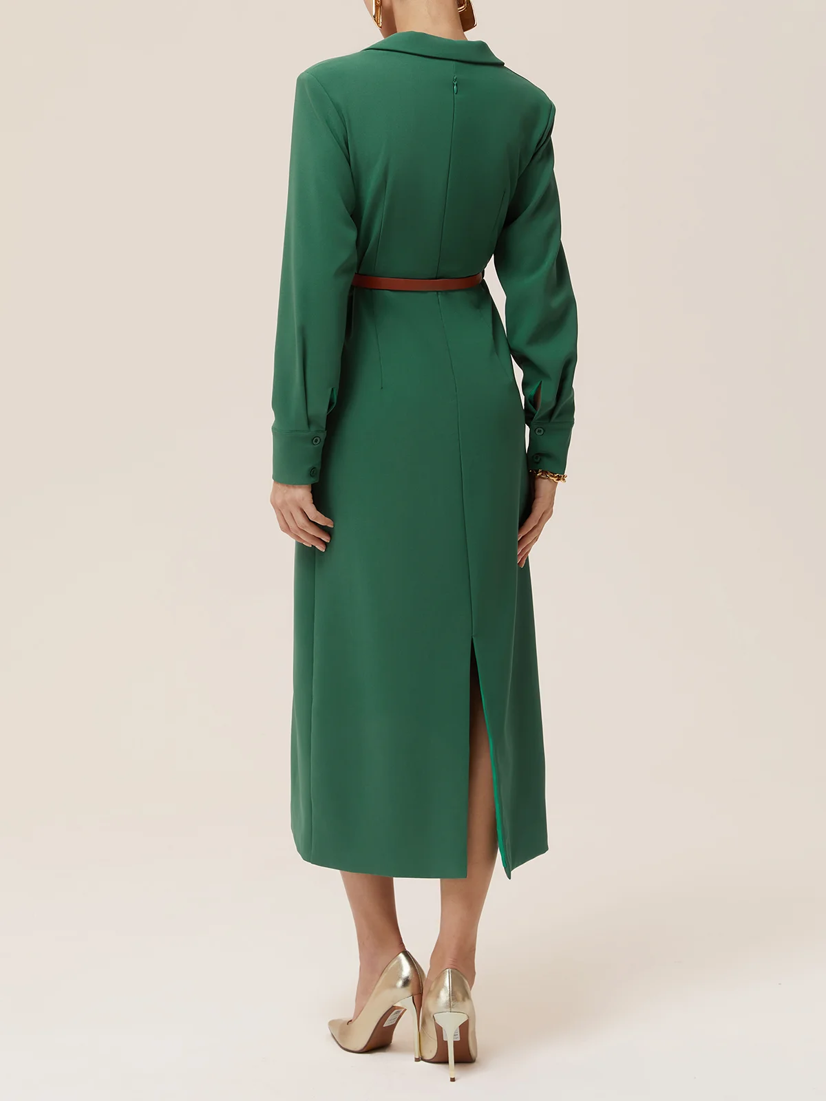 Green Blazer Lapel Collar Long Sleeve Sheath Midi Dress