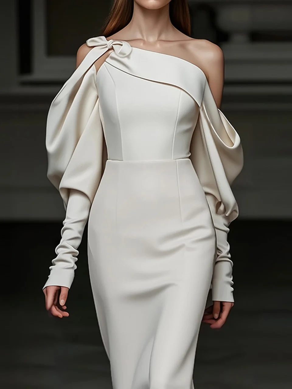 Off White Asymmetric Classic Asymmetrical Long Sleeve Balloon Sleeve Sheath Midi Dress