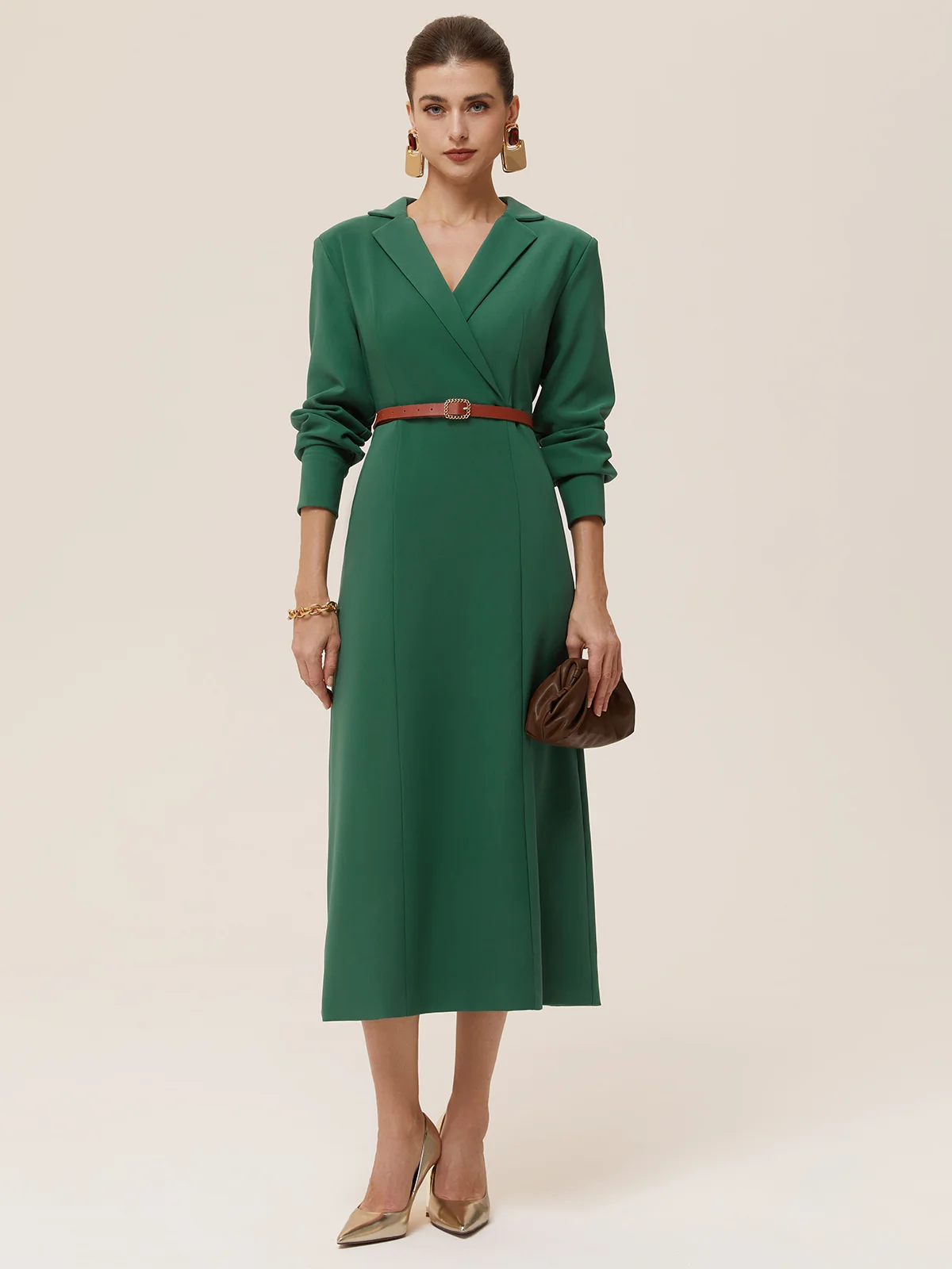 Green Blazer Lapel Collar Long Sleeve Sheath Midi Dress