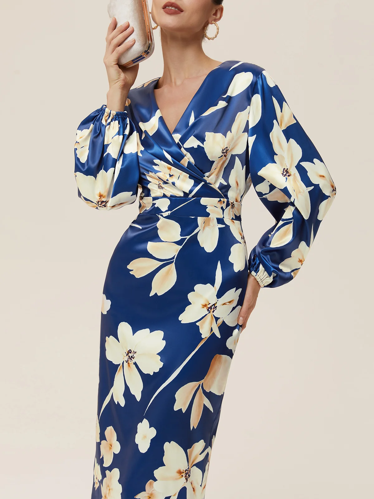 Blue Ruched Floral Balloon Sleeve Sheath Midi Satin Dress