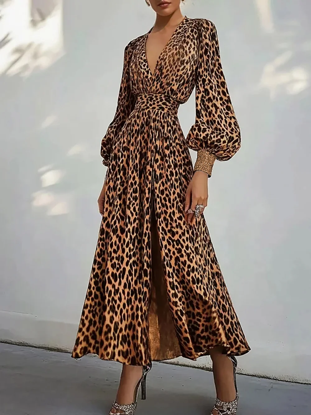 Brown Leopard Glitter V Neck Balloon Sleeve A-Line Maxi Dress