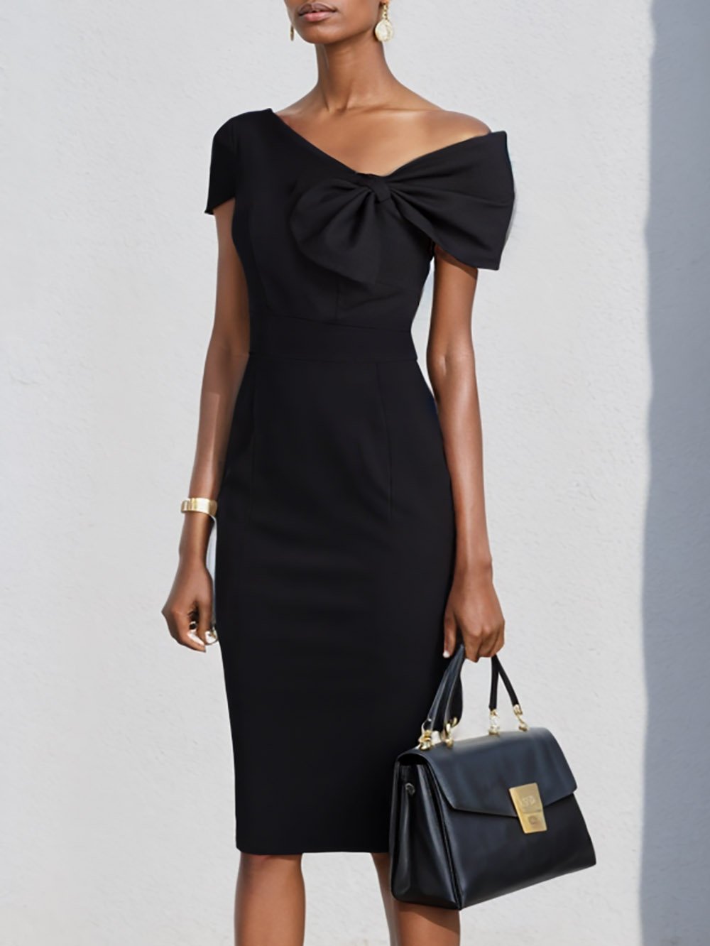 Black Bow Short Sleeve Sheath Midi Dress