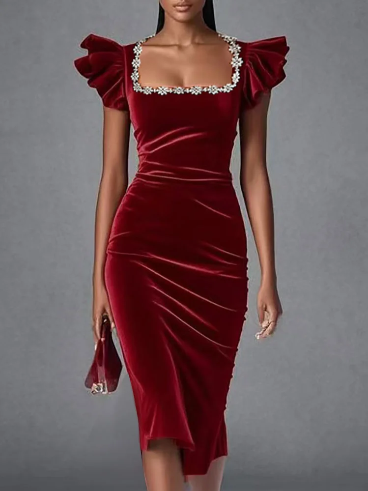 Wine Red Rhinestone Square Neck Ruffle Sleeve Sheath Midi Velvet Dress