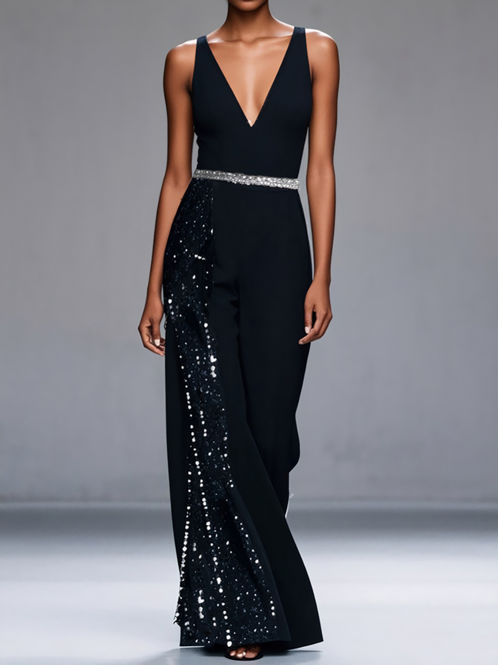 Women Black Sequined Rhinestone-Embellished V-Neck Jumpsuit