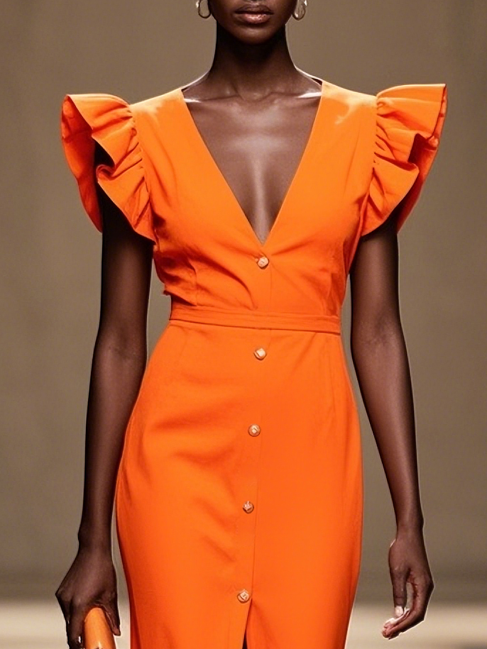 Orange Buckle V Neck Ruffle Sleeve Sheath Midi Dress