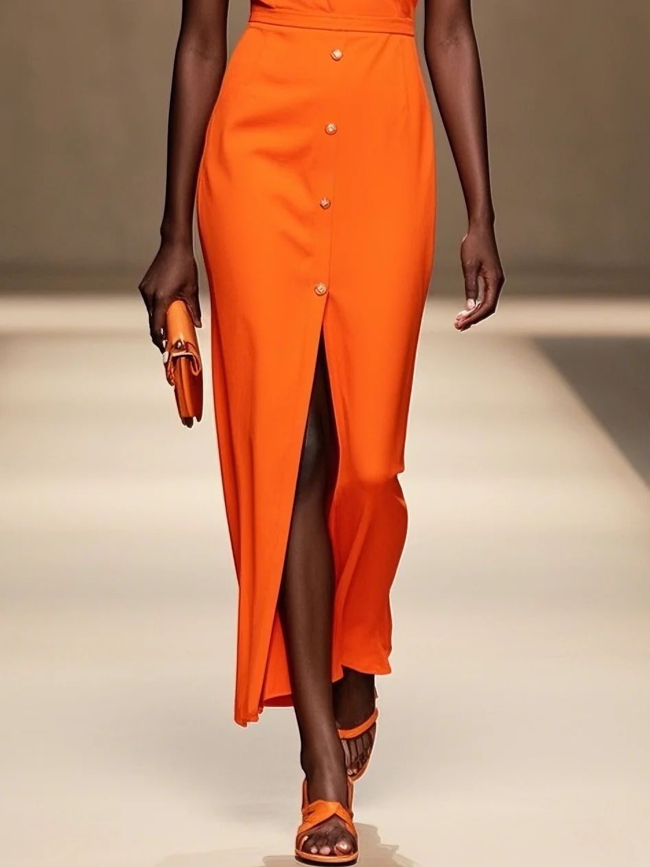 Orange Buckle V Neck Ruffle Sleeve Sheath Midi Dress