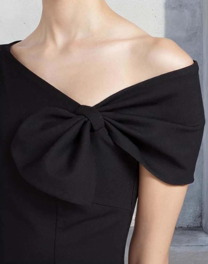 Black Bow Short Sleeve Sheath Midi Dress