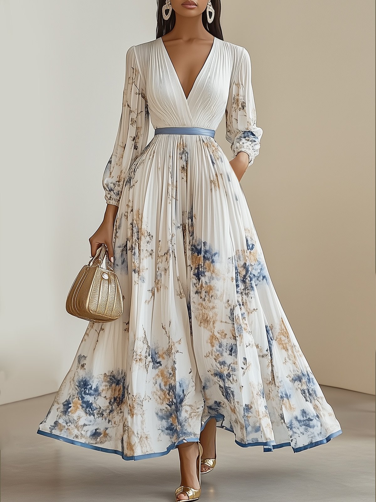 White Pleated Chiffon V Neck Floral Long Sleeve Balloon Sleeve A-Line Maxi Dress