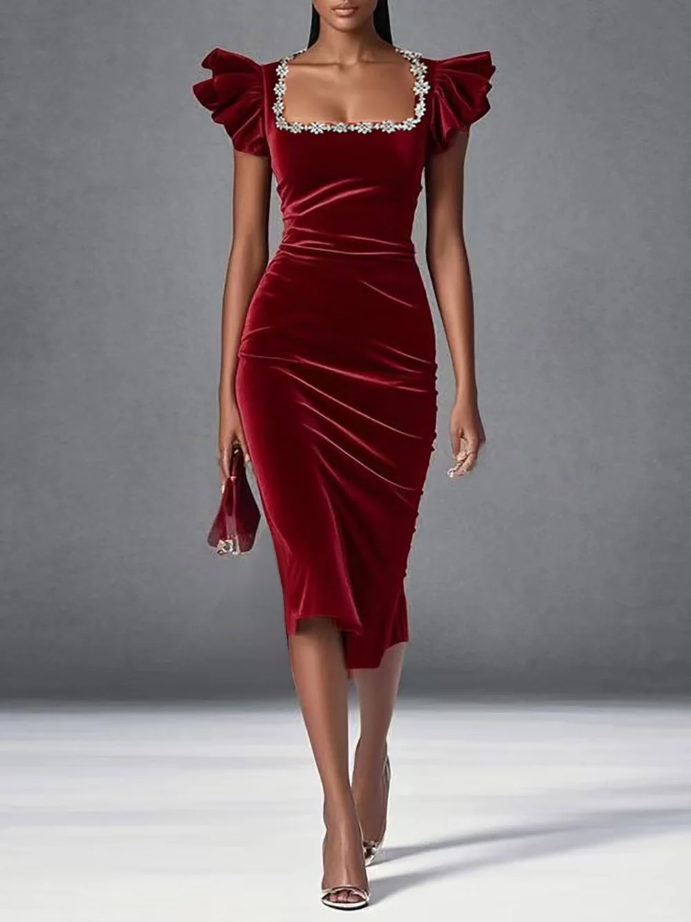 Wine Red Rhinestone Square Neck Ruffle Sleeve Sheath Midi Velvet Dress