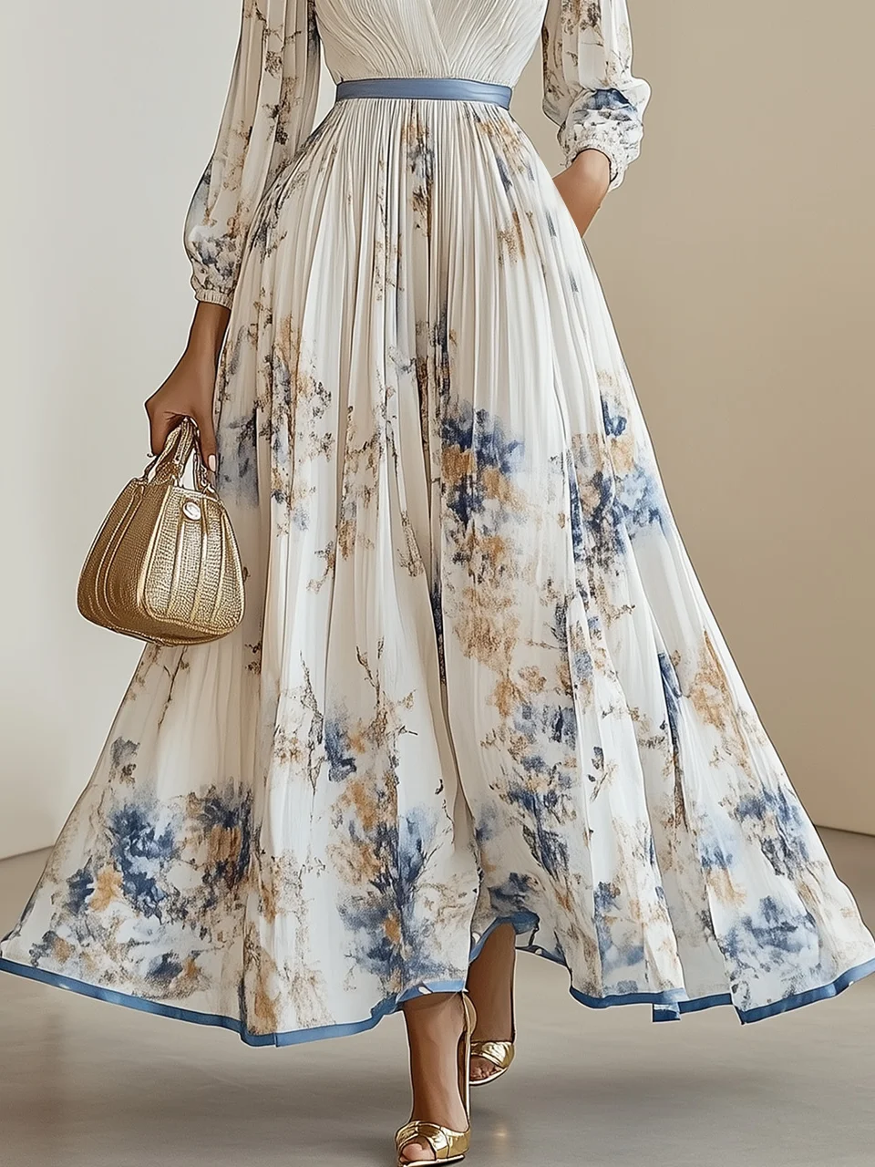 White Pleated Classic V Neck Long Sleeve Balloon Sleeve A-Line Maxi Dress