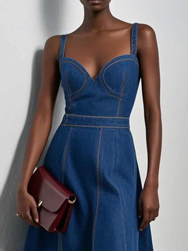 Blue Denim Classic Spaghetti Sleeveless A-Line Midi Dress