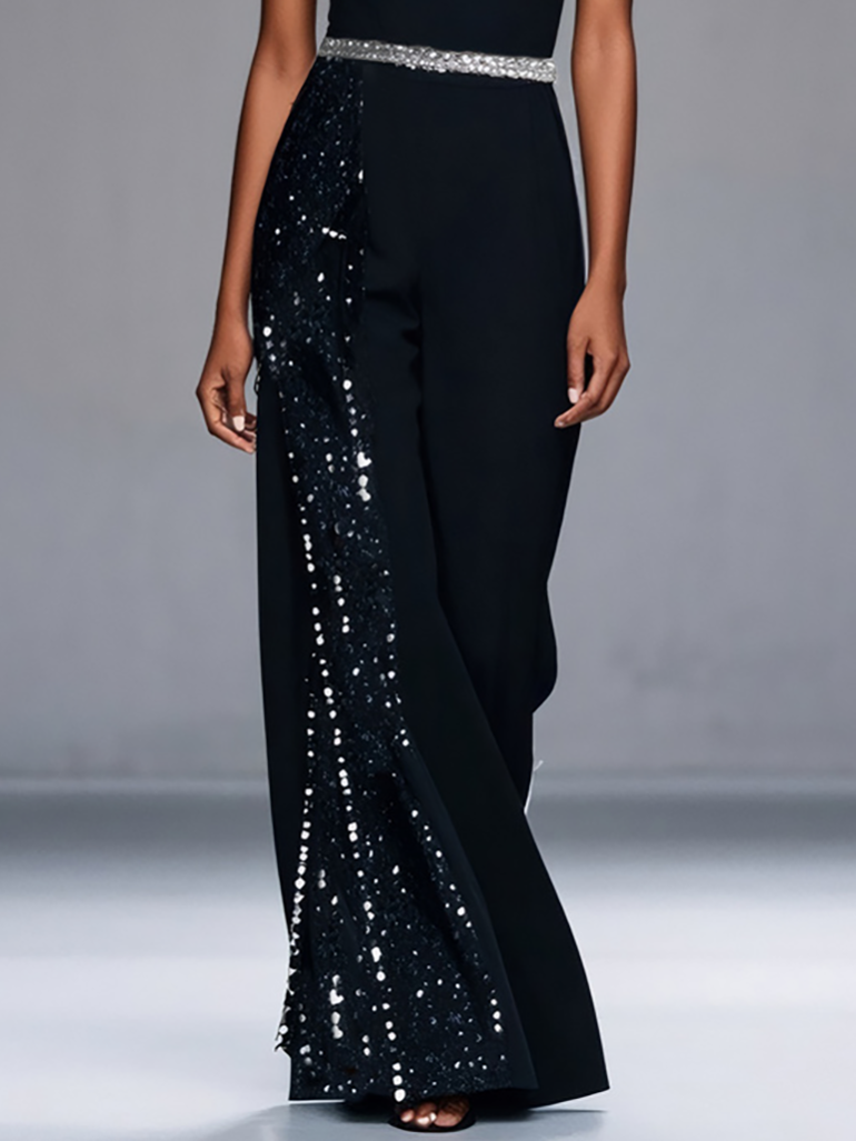 Women Black Sequined Rhinestone-Embellished V-Neck Jumpsuit