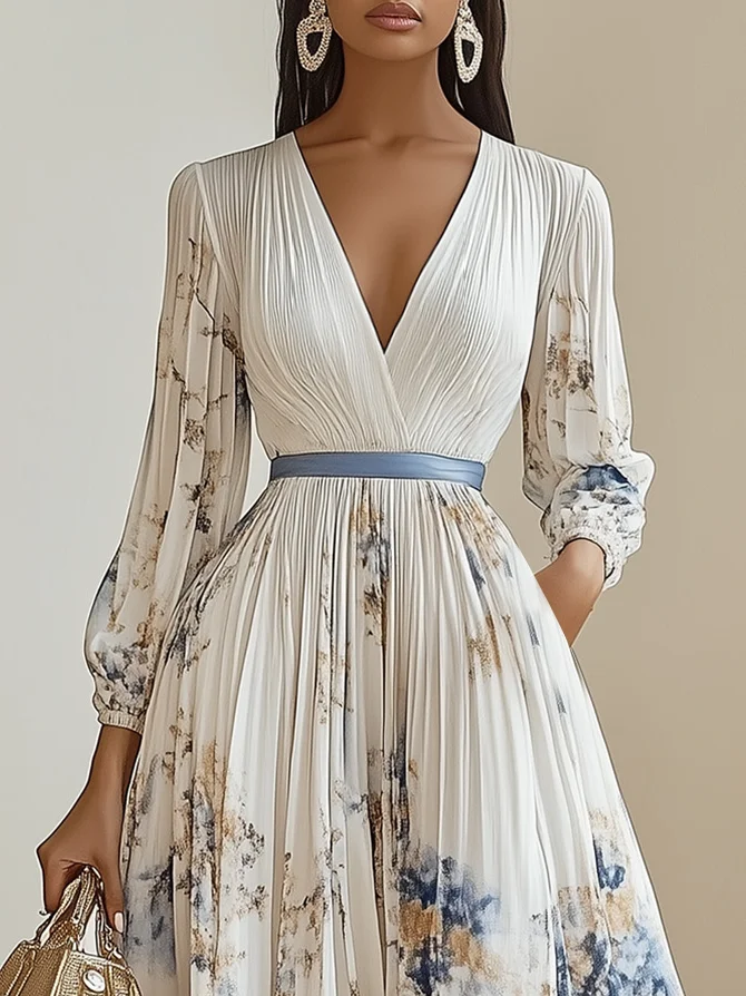 White Pleated Classic V Neck Long Sleeve Balloon Sleeve A-Line Maxi Dress