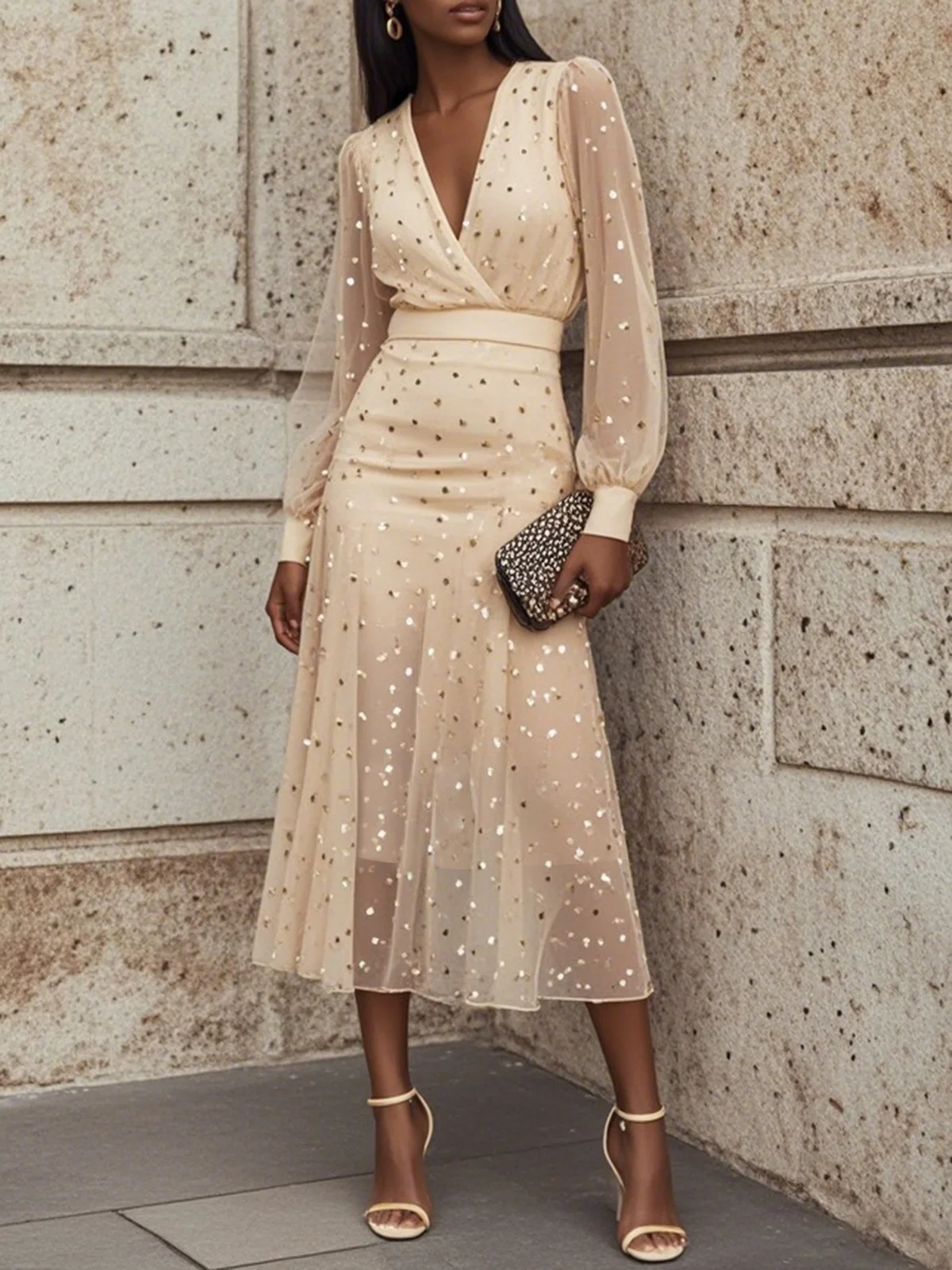 Apricot golden Chiffon V Neck Long Balloon Sleeve A-Line Midi Dress