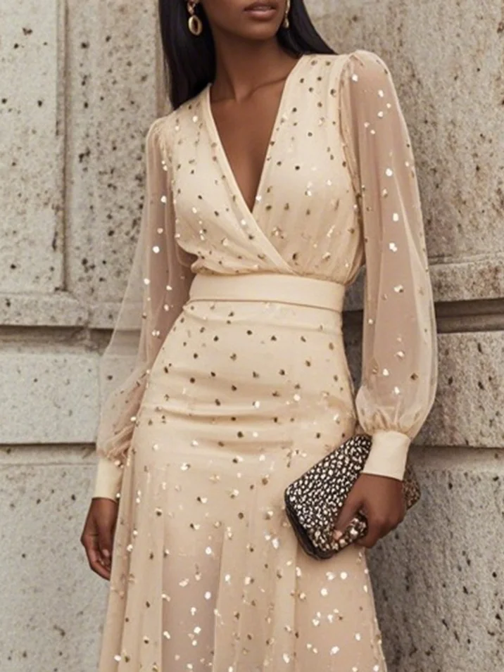 Apricot golden Chiffon V Neck Long Balloon Sleeve A-Line Midi Dress