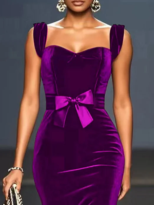 Black Lace Bow Sleeveless Mermaid Maxi Velvet Dress