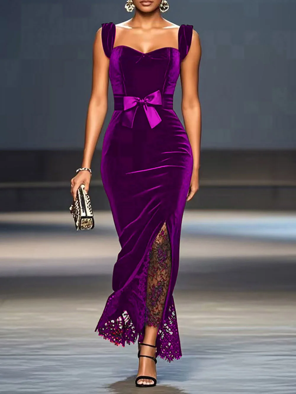 Black Lace Bow Sleeveless Mermaid Maxi Velvet Dress