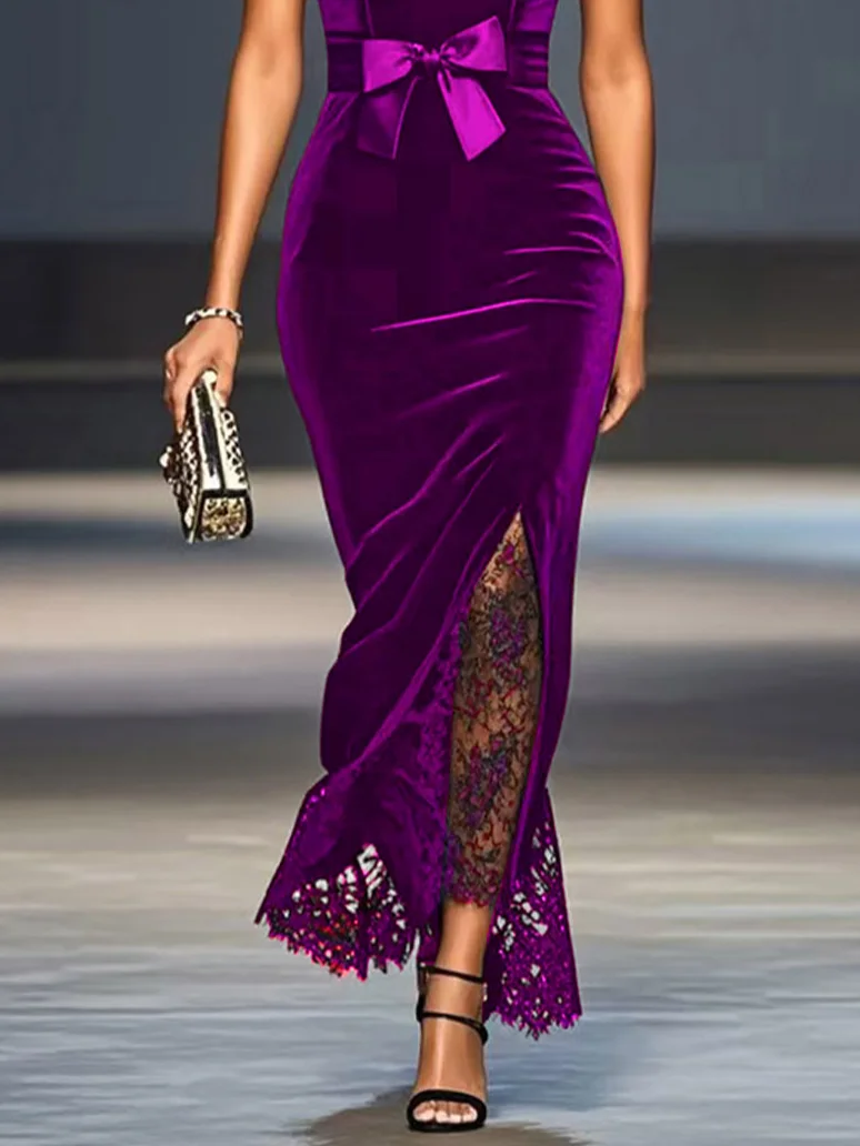 Black Lace Bow Sleeveless Mermaid Maxi Velvet Dress
