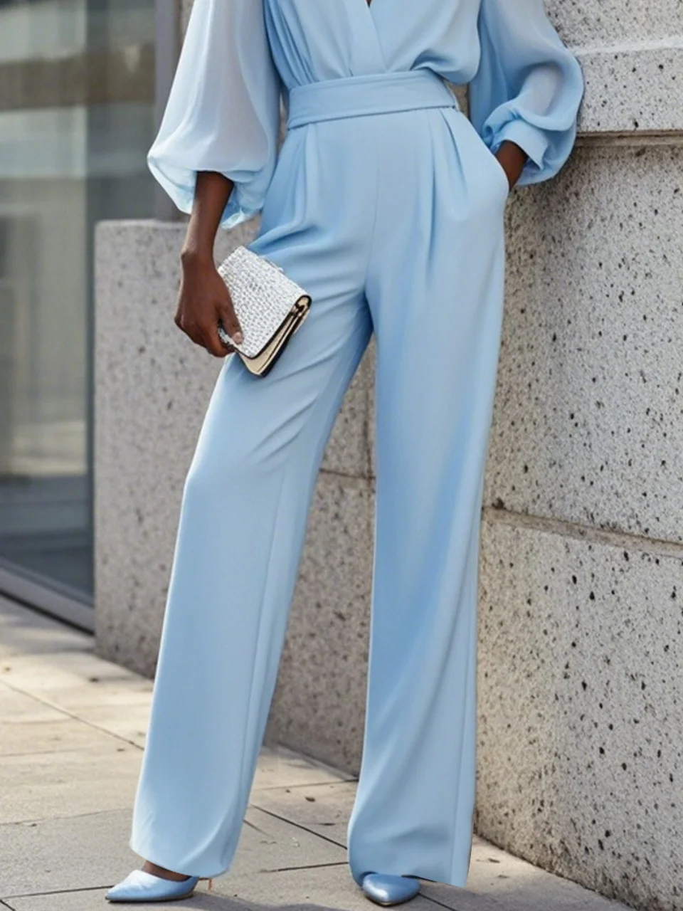 Light Blue Chiffon Long Balloon Sleeve V Neck Jumpsuit