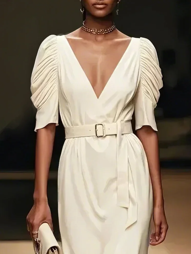 Off White Draped Sleeves V Neck A-Line Midi Dress