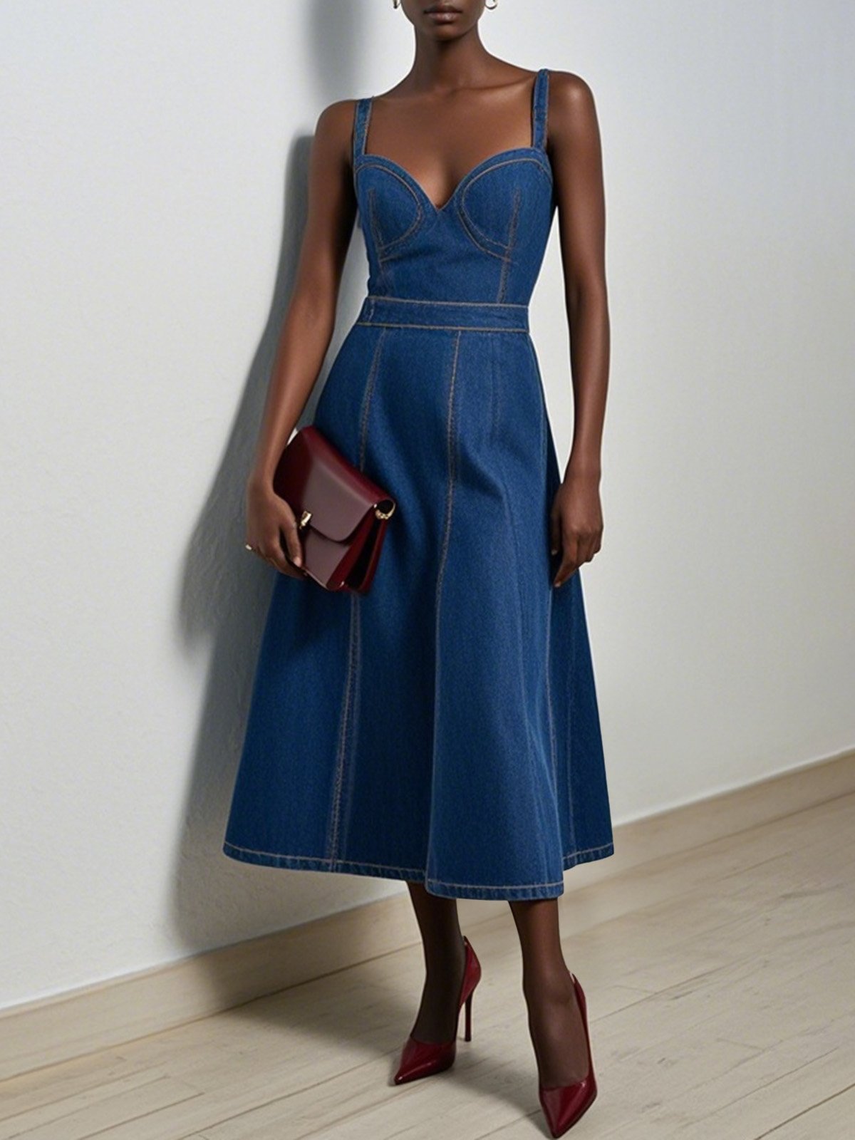 Blue Denim Classic Spaghetti Sleeveless A-Line Midi Dress