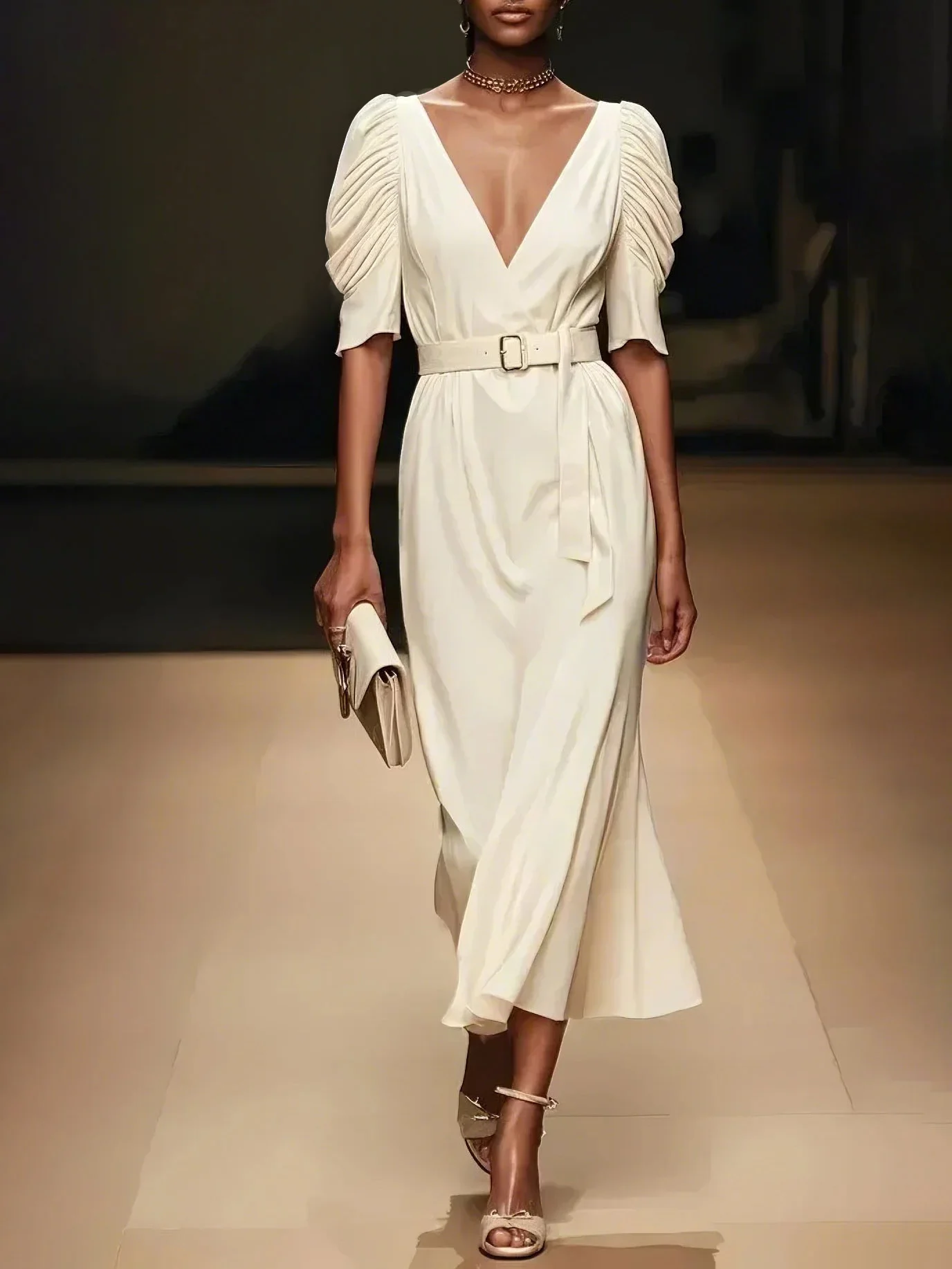 Off White Draped Sleeves V Neck A-Line Midi Dress