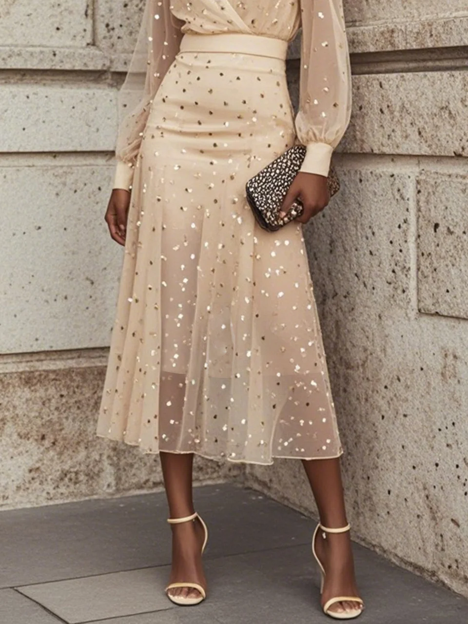 Apricot golden Chiffon V Neck Long Balloon Sleeve A-Line Midi Dress