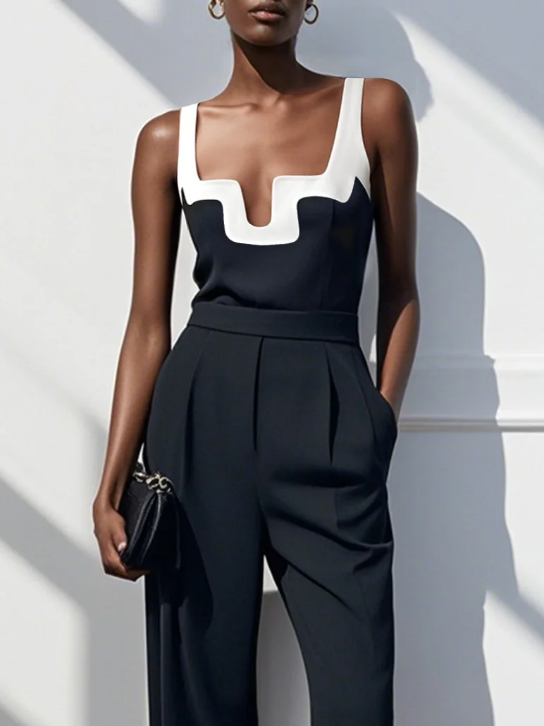 Black Notched Sleeveless Color Block Jumpsuit