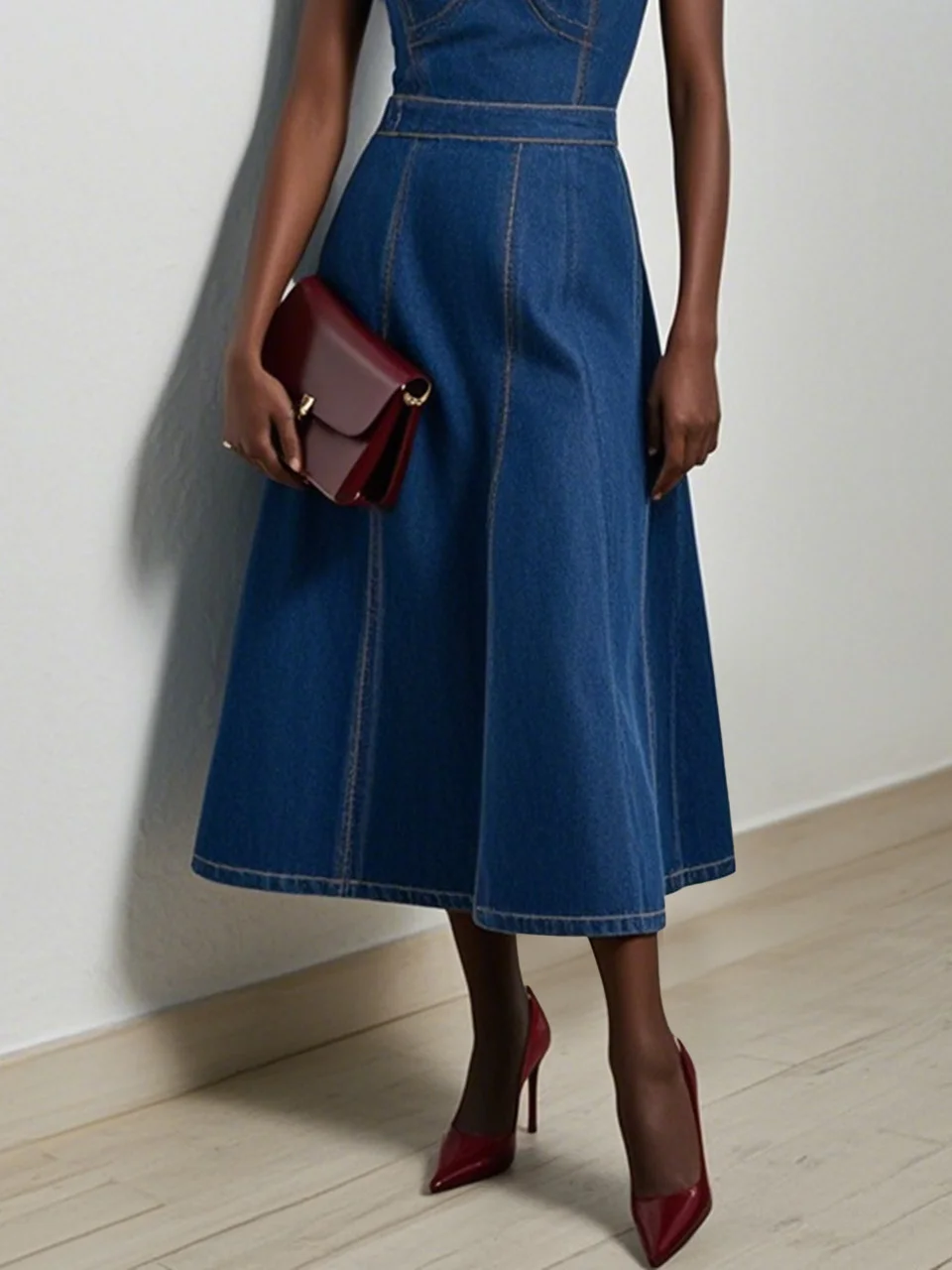 Blue Denim Classic Spaghetti Sleeveless A-Line Midi Dress