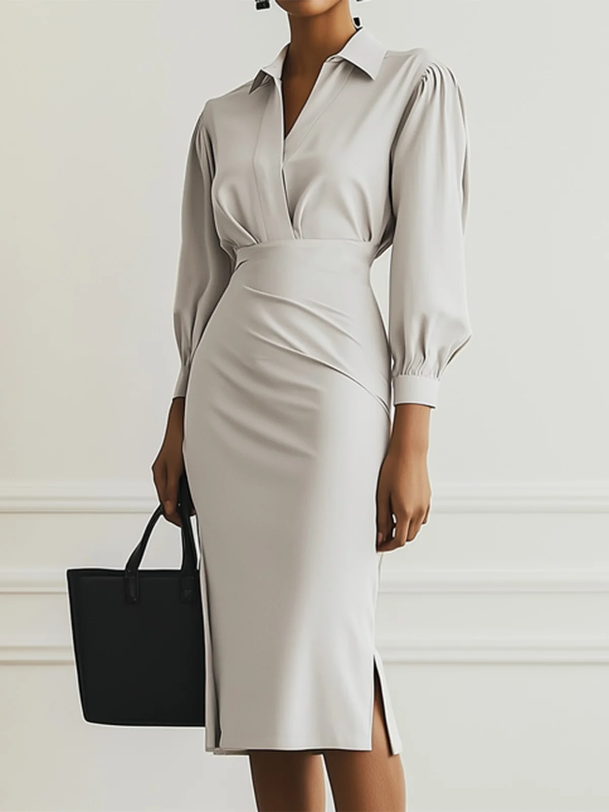 Light Gray Classic Shirt Collar Long Sleeve Sheath Midi Two-Piece Dress