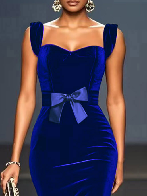 Black Lace Bow Sleeveless Mermaid Maxi Velvet Dress