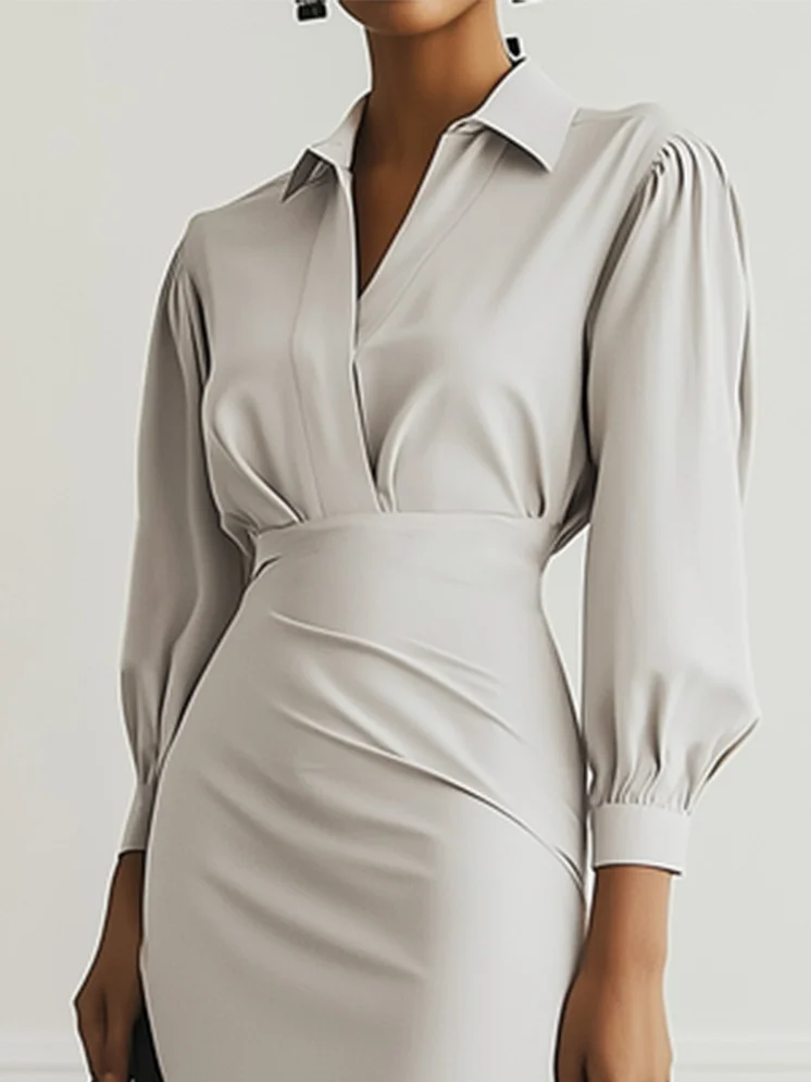 Light Gray Classic Shirt Collar Long Sleeve Sheath Midi Two-Piece Dress