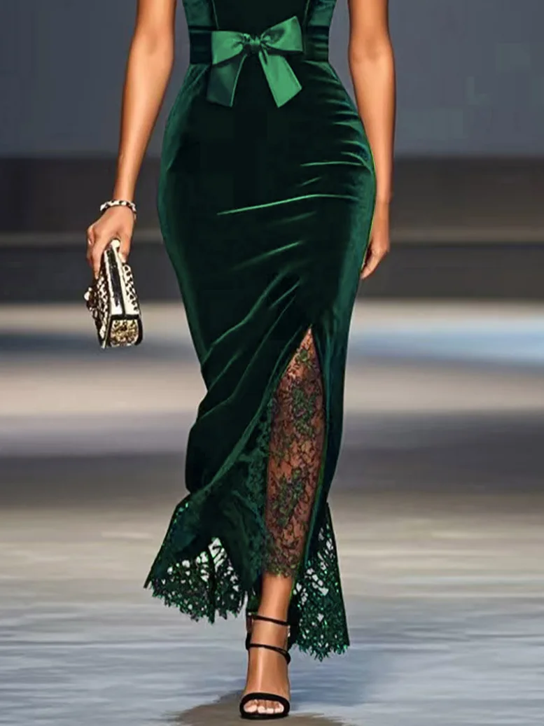 Black Lace Bow Sleeveless Mermaid Maxi Velvet Dress