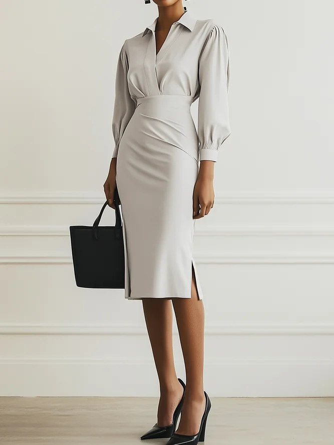 Light Gray Classic Shirt Collar Long Sleeve Sheath Midi Two-Piece Dress