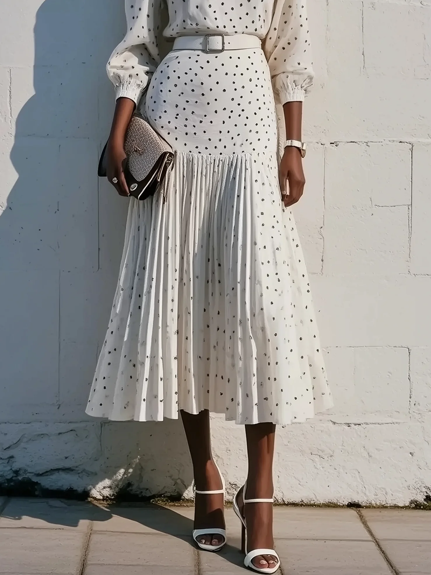 White Pleated Polka Dots Classic Crew Neck Long Balloon Sleeve A-Line Midi Dress