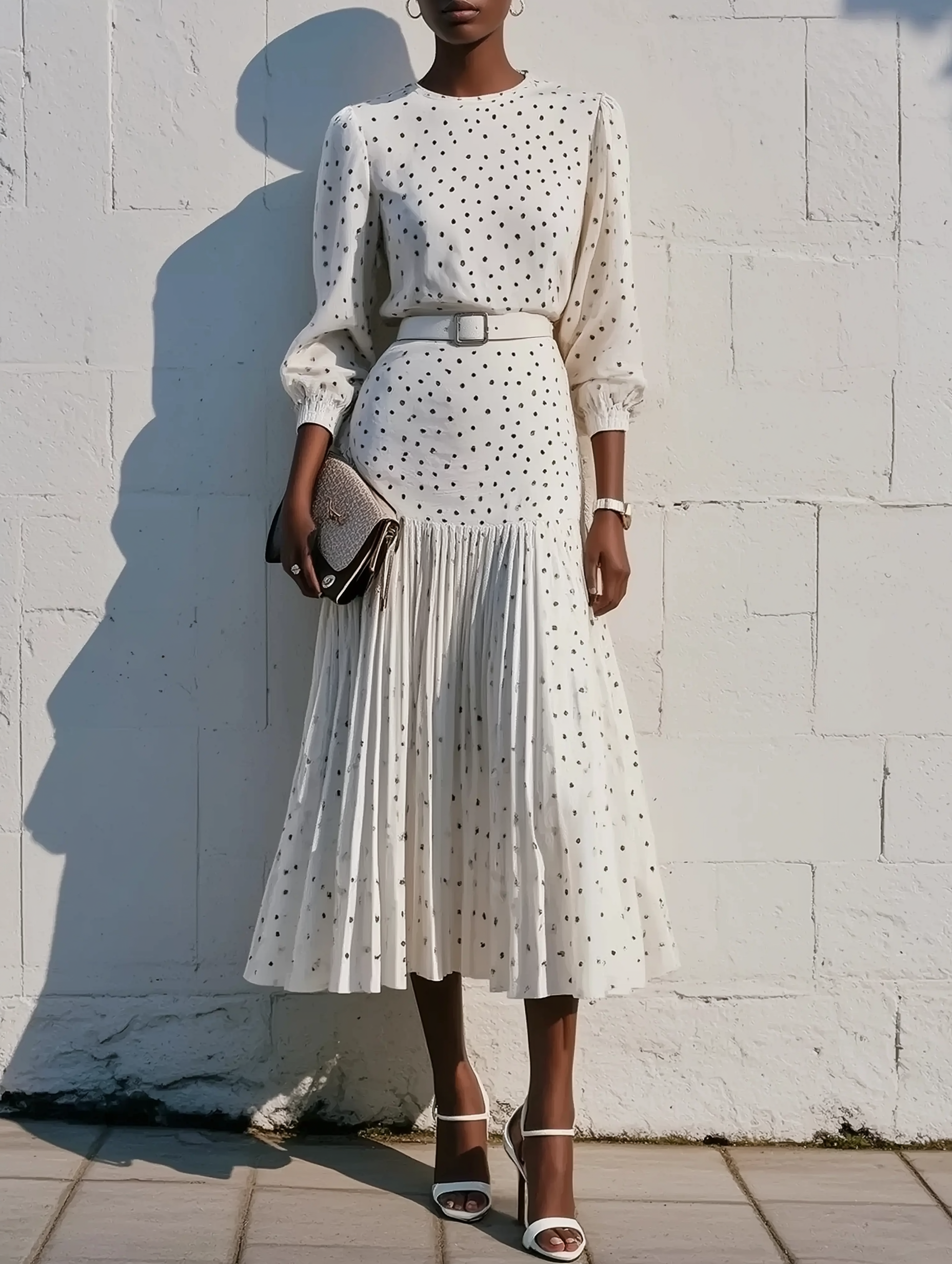 White Pleated Polka Dots Classic Crew Neck Long Balloon Sleeve A-Line Midi Dress