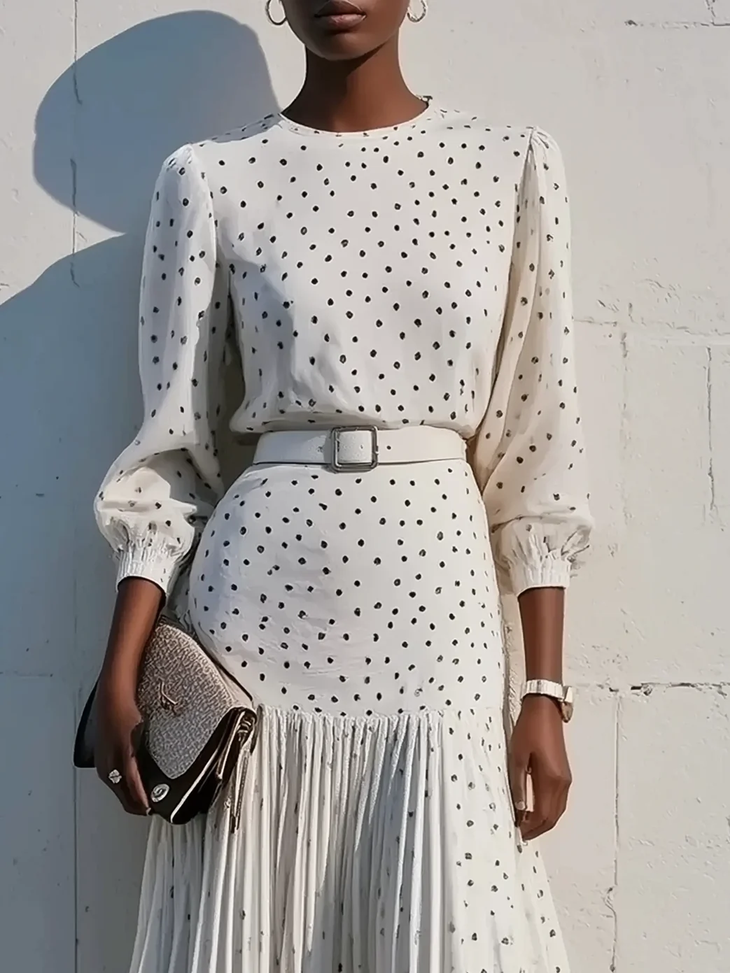 White Pleated Polka Dots Classic Crew Neck Long Balloon Sleeve A-Line Midi Dress