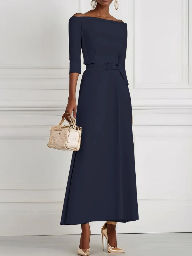 Purplish blue Classic Off The Shoulder Half Sleeve A-Line Maxi Dress