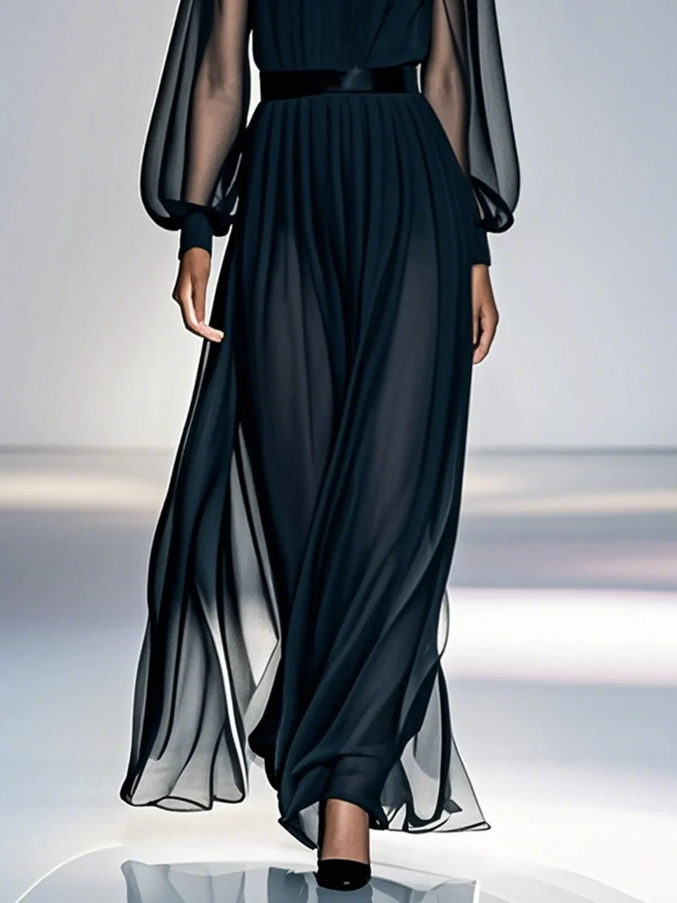 Black Ruched Chiffon Crew Neck Long  Balloon Sleeve A-Line Maxi Dress