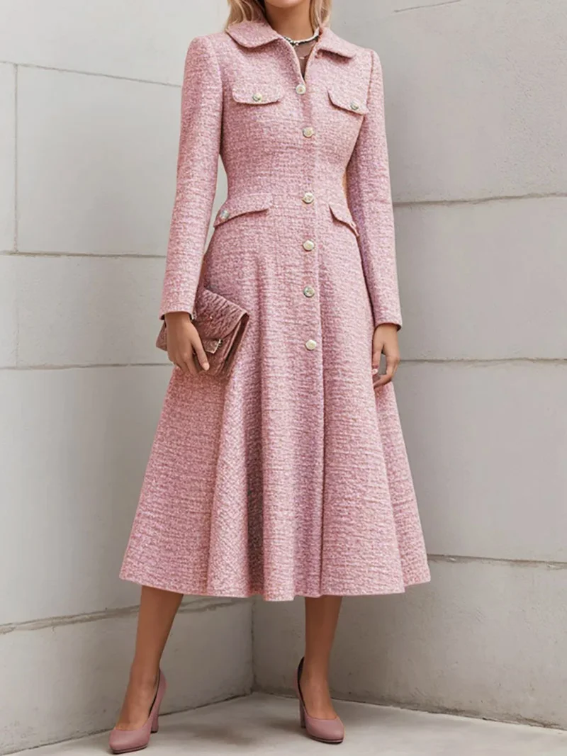 Pink Buckle Shawl CollarA-Line Blazer Midi Tweed Blazer Dress