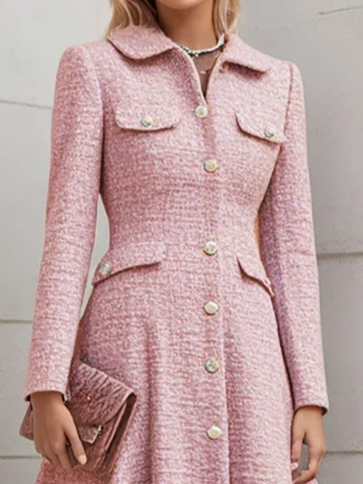 Pink Buckle Shawl CollarA-Line Blazer Midi Tweed Blazer Dress