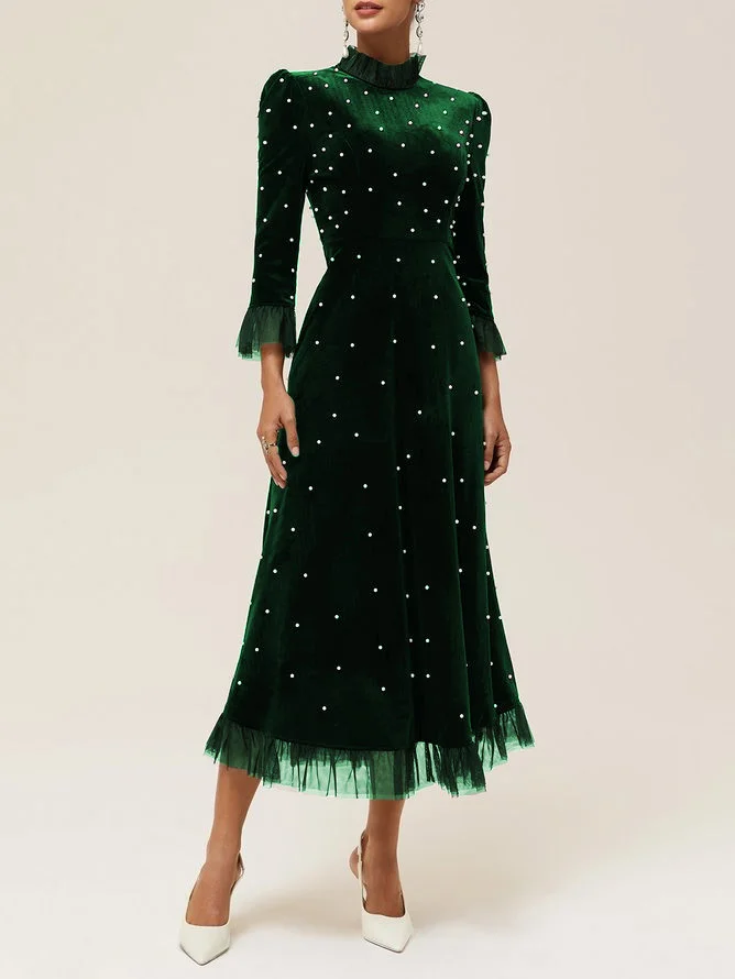 Black Beaded Mock Neck Three Quarter Sleeve A-Line Maxi Velvet Dress