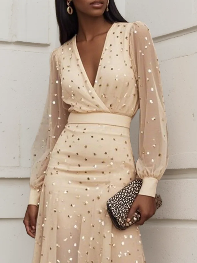 Apricot golden Chiffon V Neck Long Balloon Sleeve A-Line Midi Dress