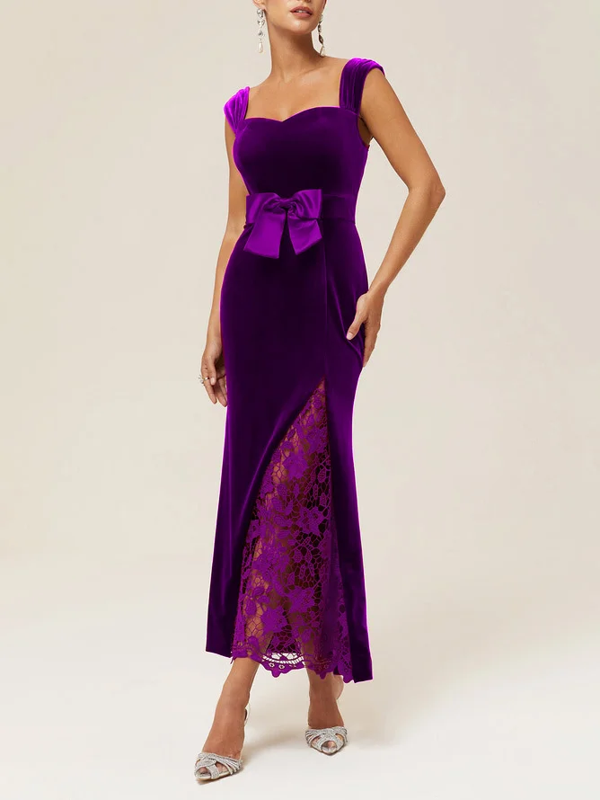Black Lace Bow Sleeveless Mermaid Maxi Velvet Dress