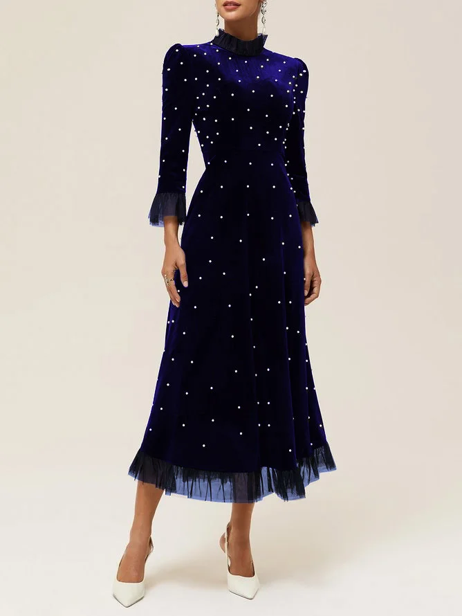 Black Beaded Mock Neck Three Quarter Sleeve A-Line Maxi Velvet Dress