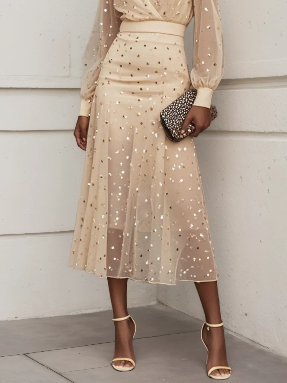 Apricot golden Chiffon V Neck Long Balloon Sleeve A-Line Midi Dress