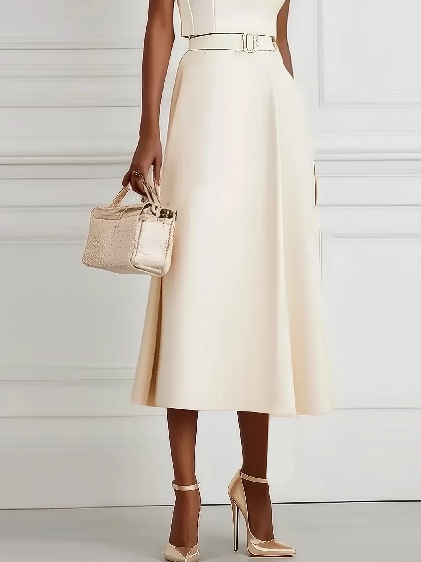 White Classic Boat Neck Sleeveless A-Line Midi Dress